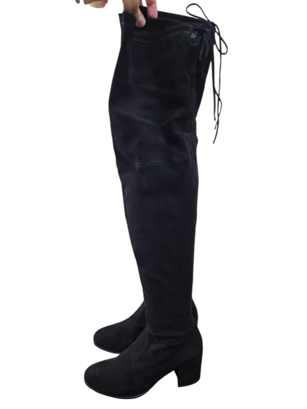 Stuart Weitzman Black Suede Over The Knee Tie Back Block Heel Boots 9 M